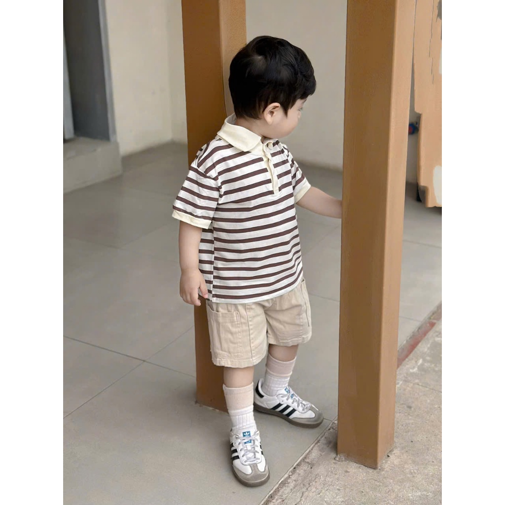 Bộ quần áo Polo cộc tay họa tiết kẻ hàn chất áo cotton mềm mịn,thoáng mát phối quần kaki cho bé đi học ,đi chơi size 9-2