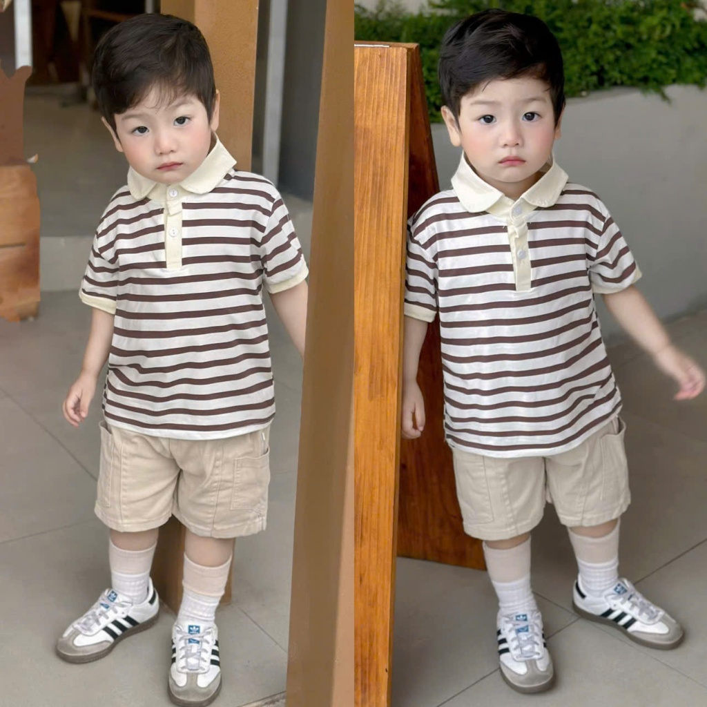Bộ quần áo Polo cộc tay họa tiết kẻ hàn chất áo cotton mềm mịn,thoáng mát phối quần kaki cho bé đi học ,đi chơi size 9-2