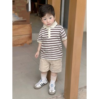 Set Polo Cộc Tay Bé Trai Tone Nâu Kem Kẻ Ngang Phối Quần Kaki Sành Điệu - Chất Liệu Cao Cấp Mềm Mát