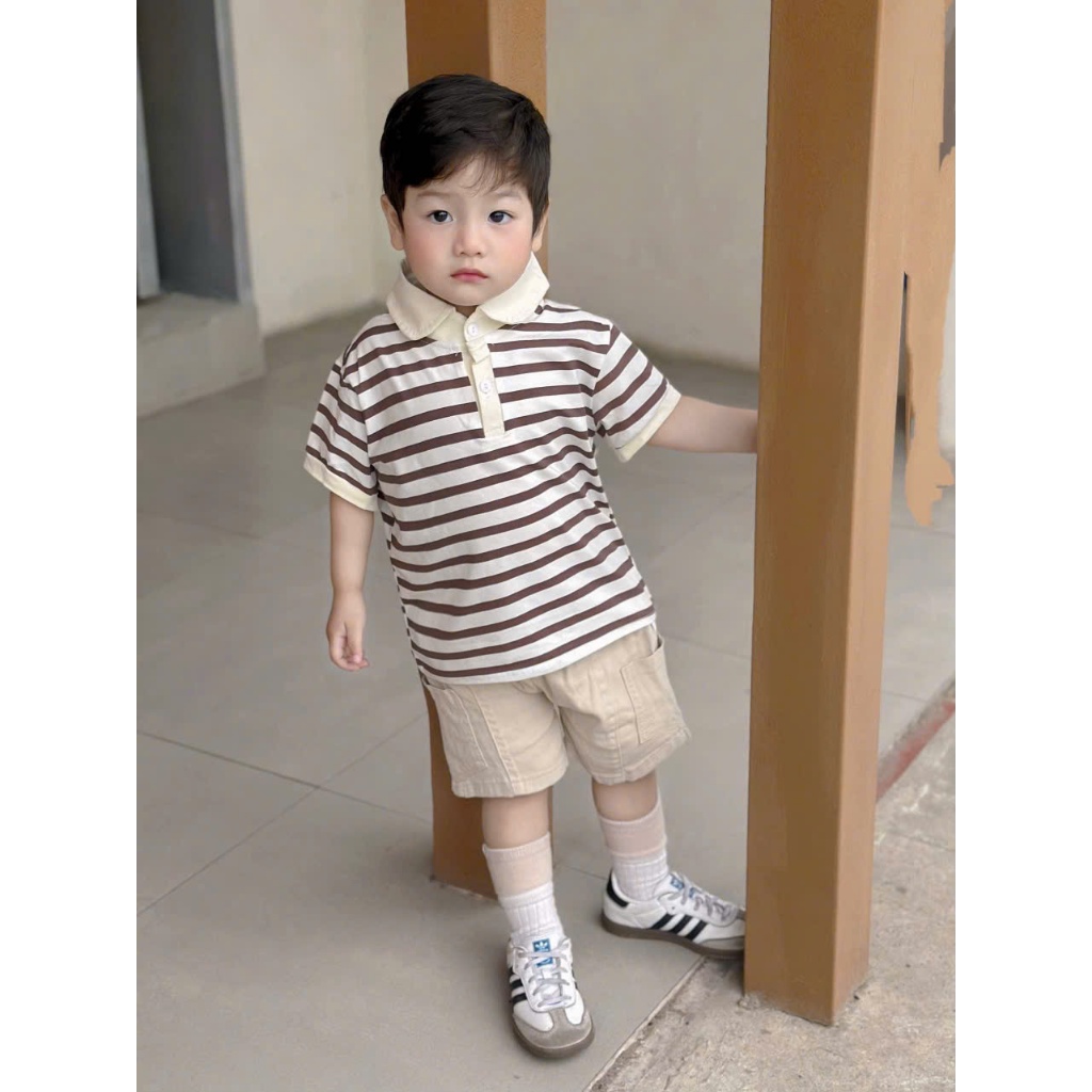 Bộ quần áo Polo cộc tay họa tiết kẻ hàn chất áo cotton mềm mịn,thoáng mát phối quần kaki cho bé đi học ,đi chơi size 9-2