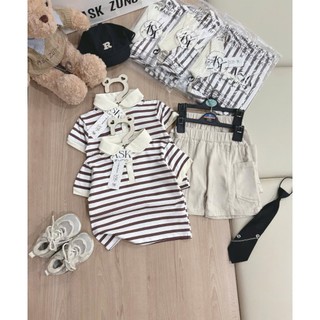Set Polo Cộc Tay Bé Trai Tone Nâu Kem Kẻ Ngang Phối Quần Kaki Sành Điệu - Chất Liệu Cao Cấp Mềm Mát