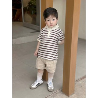 Set Polo Cộc Tay Bé Trai Tone Nâu Kem Kẻ Ngang Phối Quần Kaki Sành Điệu - Chất Liệu Cao Cấp Mềm Mát