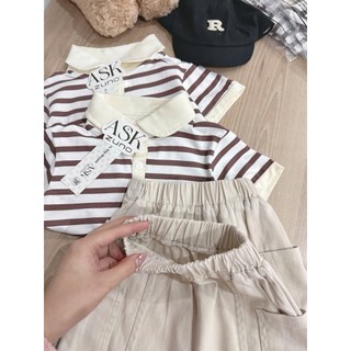 Set Polo Cộc Tay Bé Trai Tone Nâu Kem Kẻ Ngang Phối Quần Kaki Sành Điệu - Chất Liệu Cao Cấp Mềm Mát