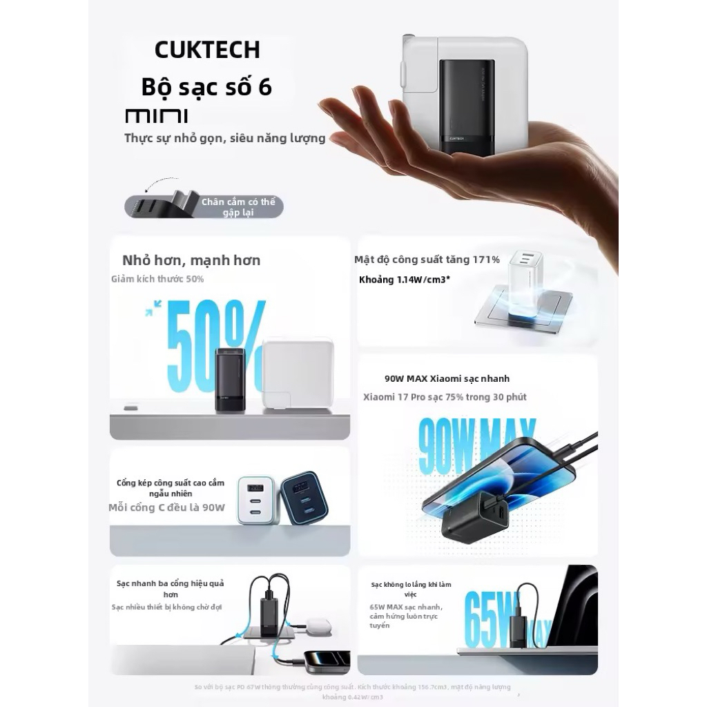 Củ sạc Cuktech 6 Mini PD 90W - Chính hãng - Bh 12 tháng