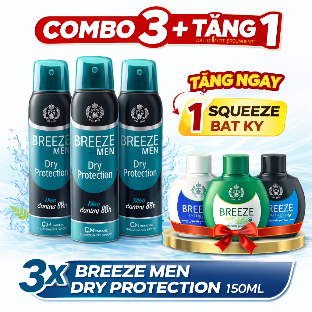[SIÊU ƯU ĐÃI BREEZE] Combo 3 Xịt Khử Mùi Nam Hương Nước Hoa Breeze Men Dry 150ml + Tặng 1 Breeze Squeeze