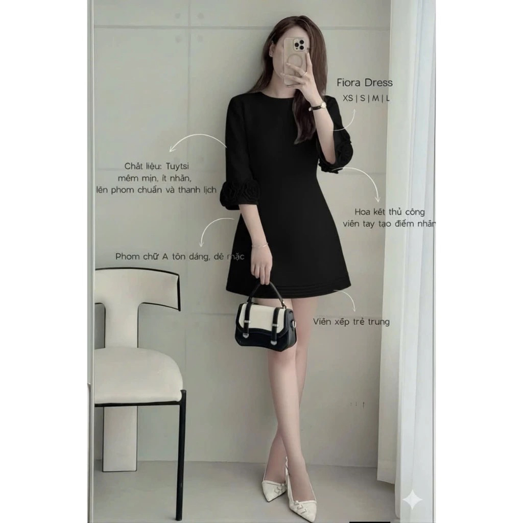 Đầm thiết kế nữ from A ngắn tay lửng đính hoa Hồng tôn dáng trẻ trung thích hợp đi làm đi tiệc đi chơi thoải mái