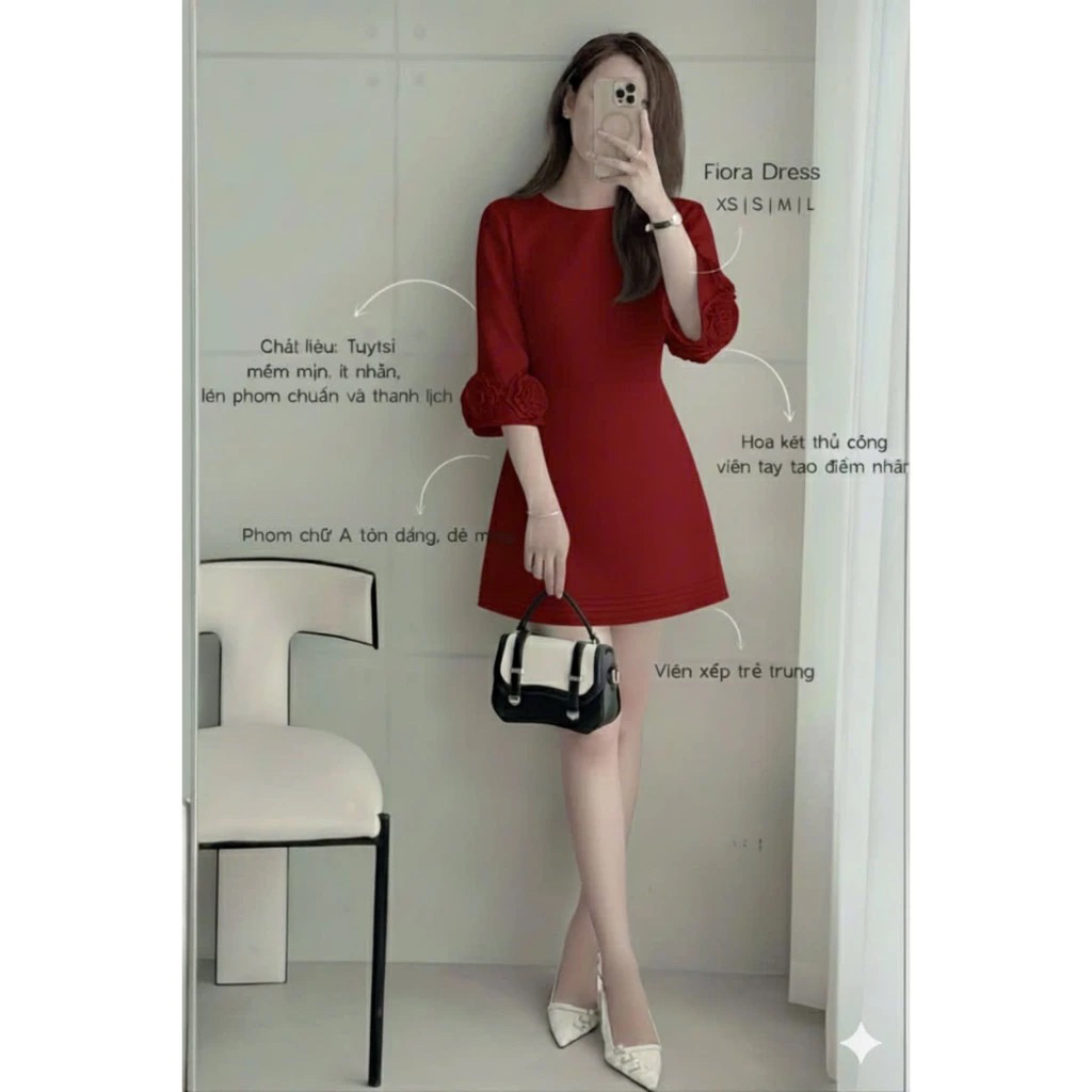 Đầm thiết kế nữ from A ngắn tay lửng đính hoa Hồng tôn dáng trẻ trung thích hợp đi làm đi tiệc đi chơi thoải mái