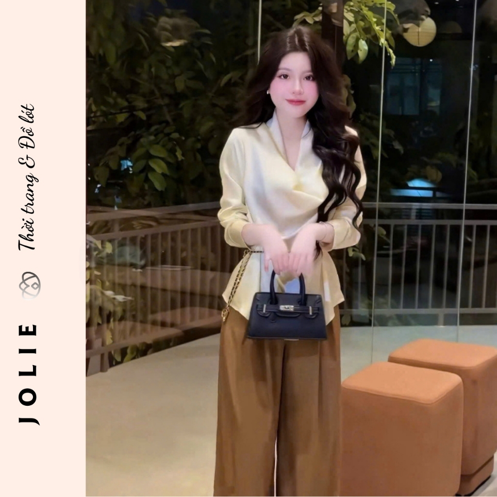 Sét Bộ Áo Lụa Cổ V Đổ Phối Quần Suông Cao Cấp JOLIE ( Kèm Đai Xích )