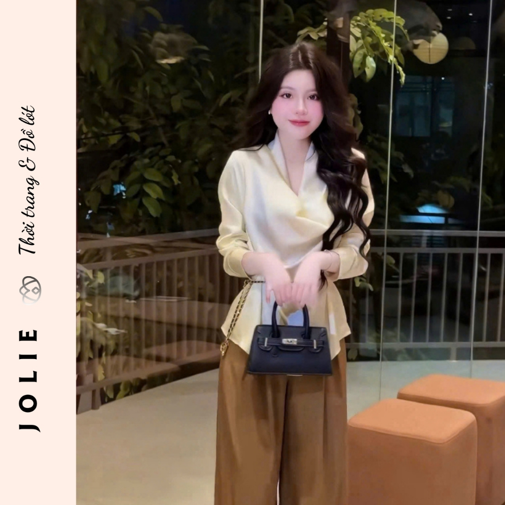 Sét Bộ Áo Lụa Cổ V Đổ Phối Quần Suông Cao Cấp JOLIE ( Kèm Đai Xích )