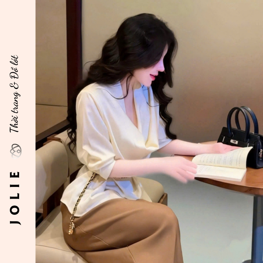 Sét Bộ Áo Lụa Cổ V Đổ Phối Quần Suông Cao Cấp JOLIE ( Kèm Đai Xích )