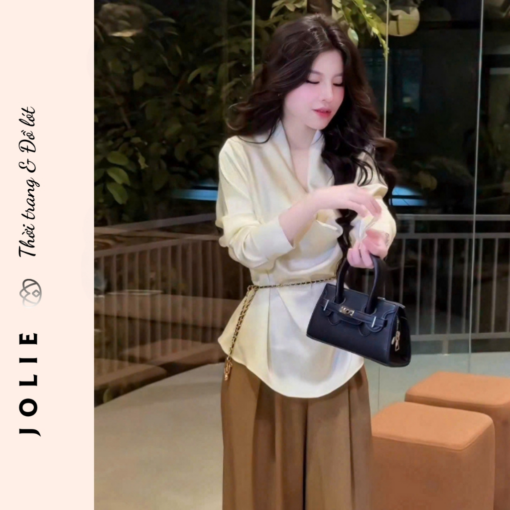 Sét Bộ Áo Lụa Cổ V Đổ Phối Quần Suông Cao Cấp JOLIE ( Kèm Đai Xích )