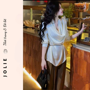 Sét Bộ Áo Lụa Cổ V Đổ Phối Quần Suông Cao Cấp JOLIE ( Kèm Đai Xích )