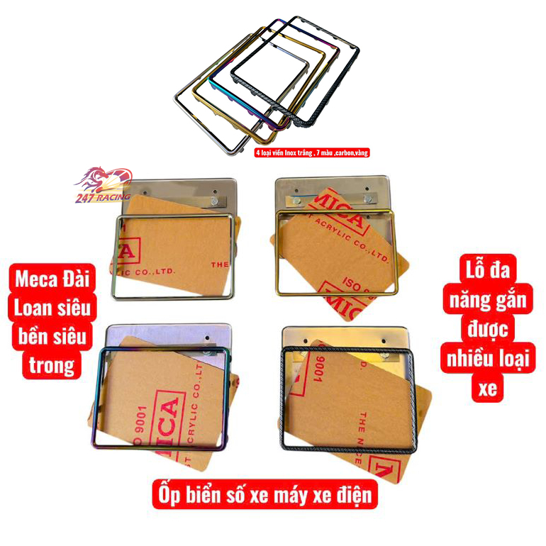 Ốp biển số xe máy xe điện lỗ đa năng Inox trắng,7 màu, carbon, vàng Meca đài loan siêu bền siêu trong hàng chất lượng
