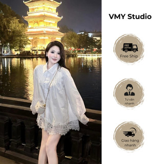 VMY Studio - Áo sơ mi trắng babydoll mix viền ren dài tay from xinh xắn dành cho nữ
