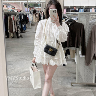 VMY Studio - Áo sơ mi trắng babydoll mix viền ren dài tay from xinh xắn dành cho nữ