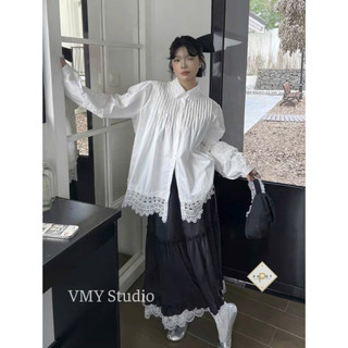 VMY Studio - Áo sơ mi trắng babydoll mix viền ren dài tay from xinh xắn dành cho nữ