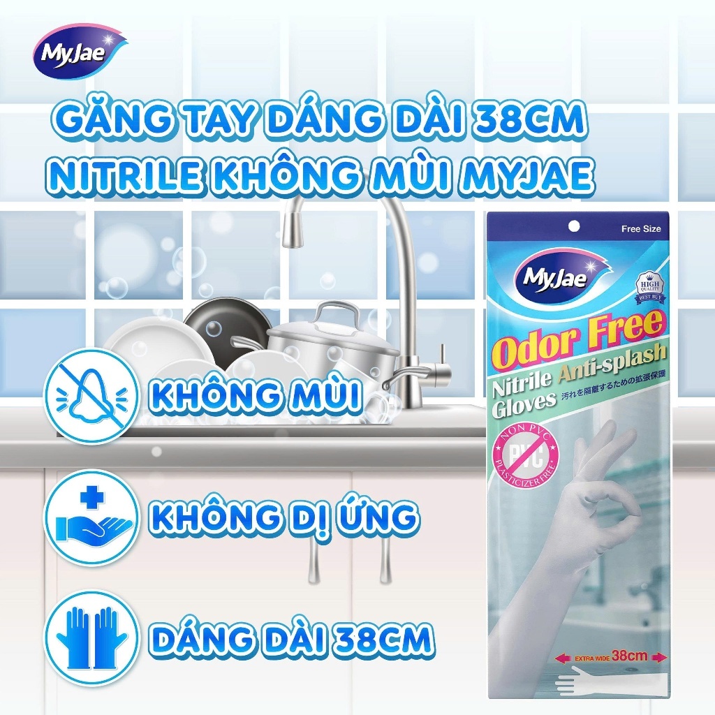 Găng tay dáng dài Nitrile không mùi MyJae rửa chén, bát, dọn dẹp nhà cửa 38CM
