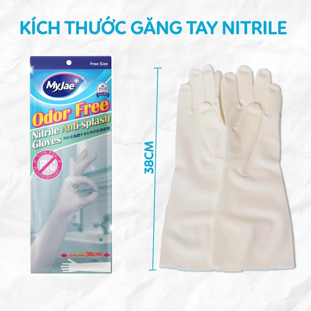 Găng tay dáng dài Nitrile không mùi MyJae rửa chén, bát, dọn dẹp nhà cửa 38CM