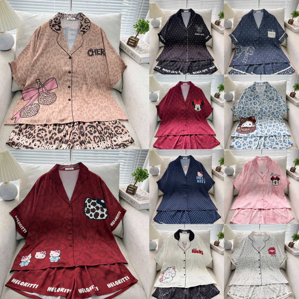 (45-75kg) Đồ ngủ Đùi tay dơi pijama lụa Latin nút bọc mềm mát