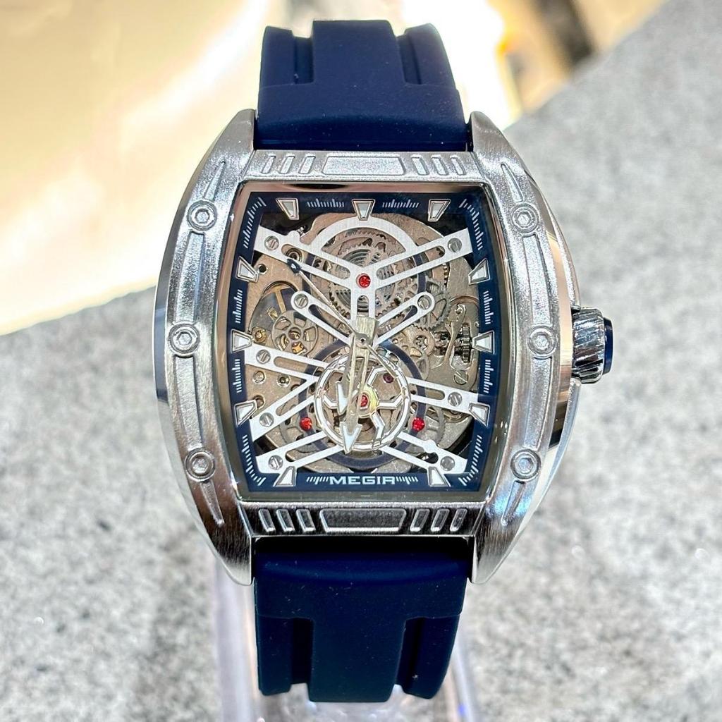 Đồng Hồ Cơ Nam MEGIR Dáng Thùng Rượu Dây Silicone Chống Nước 3 ATM Watch Size 42mm