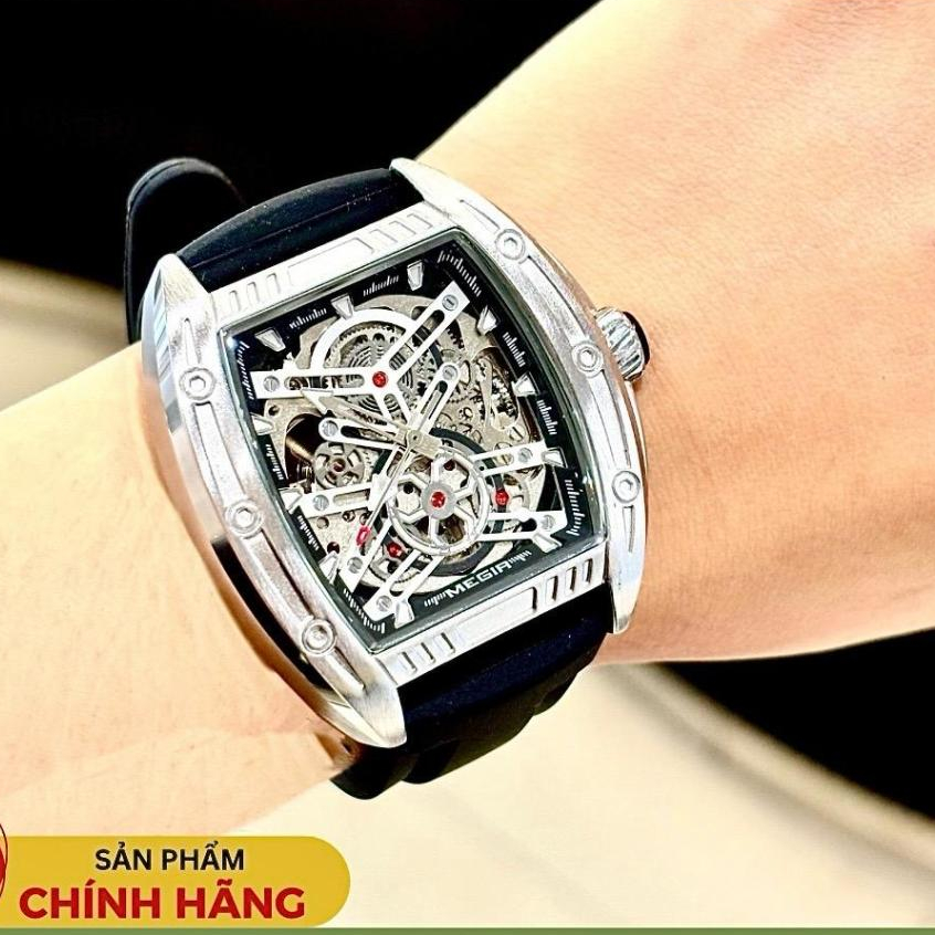 Đồng Hồ Cơ Nam MEGIR Dáng Thùng Rượu Dây Silicone Chống Nước 3 ATM Watch Size 42mm