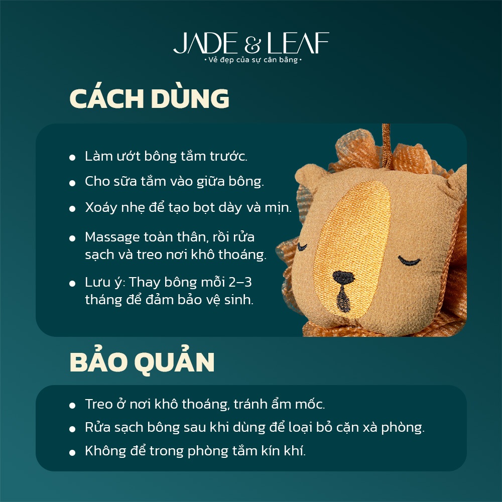 Bông Tắm Tạo Bọt Jade&Leaf Cao Cấp Hình Gấu Nâu, Lưới Mịn Tạo Bọt Nhanh, Gấu Nâu Siêu Dễ Thương