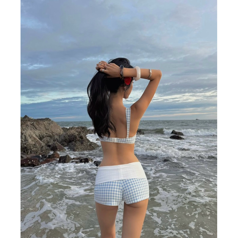 Bikini Nữ Caro Xanh 2 Mảnh Phối viền ren Ngực Dây Vai Form Ôm Body Đi Biển – Blue Gingham Push Up Bikini Set Women