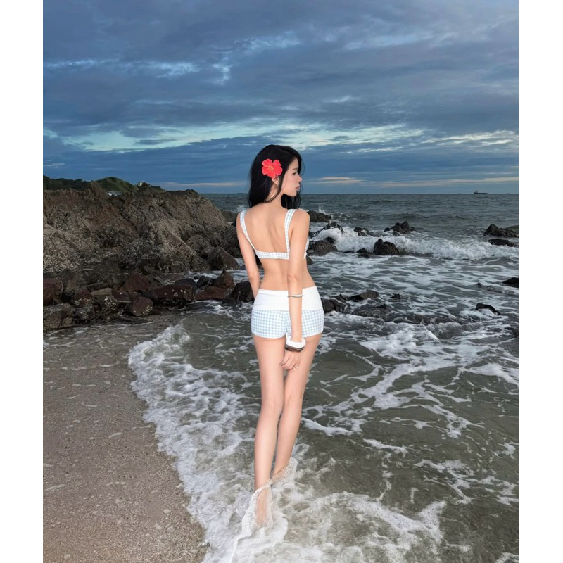 Bikini Nữ Caro Xanh 2 Mảnh Phối viền ren Ngực Dây Vai Form Ôm Body Đi Biển – Blue Gingham Push Up Bikini Set Women
