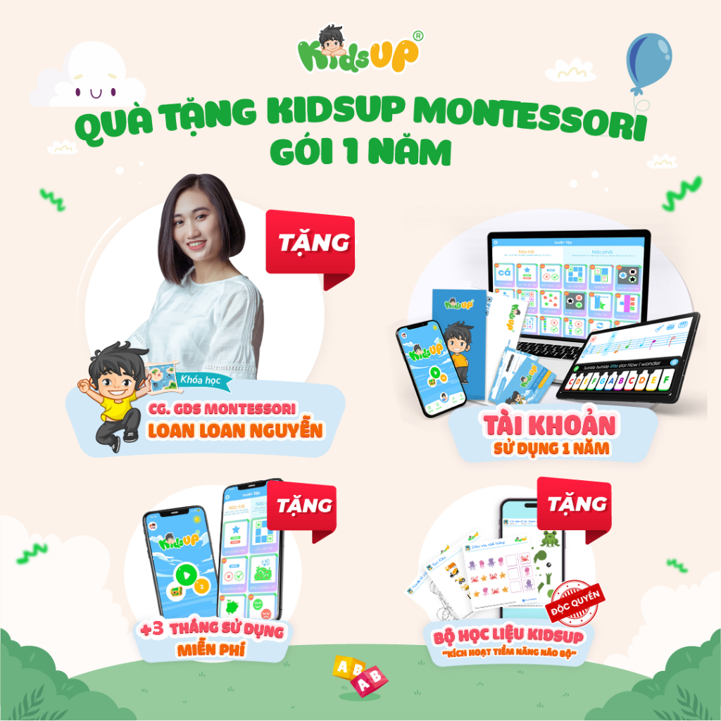 Khóa học Kids UP - KidsUp Montessori Gói 1 năm tặng 3 tháng