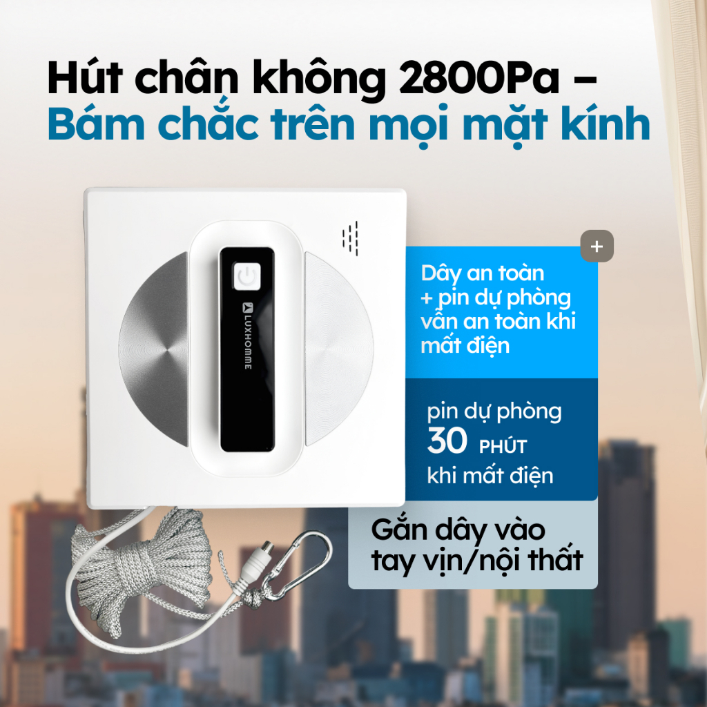 Robot Lau Kính LUXHOMME | Tự phun sương, AI định tuyến | Hút 2800Pa, Lau Sạch Mọi Góc | BH 12TH