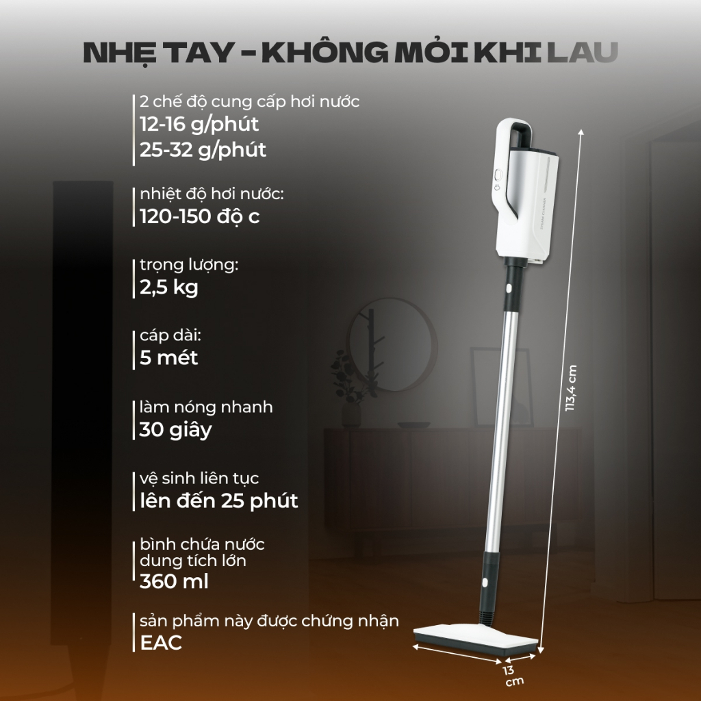 Máy Lau Nhà Hơi Nước Nóng LUXHOMME SC-100 Max | Làm Sạch Mọi Bề Mặt | 1500W - 360ml | BH 24TH