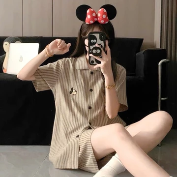 {Có Sẵn} Bộ Ngủ Cộc BC20 Đồ Ngủ Nữ Sọc Thêu Đồ Ngủ Nữ, Đồ Ngủ Cute, Bộ Ngủ Cộc, Bộ Đồ Ngủ Nữ Cộc, Set Ngủ Cộc