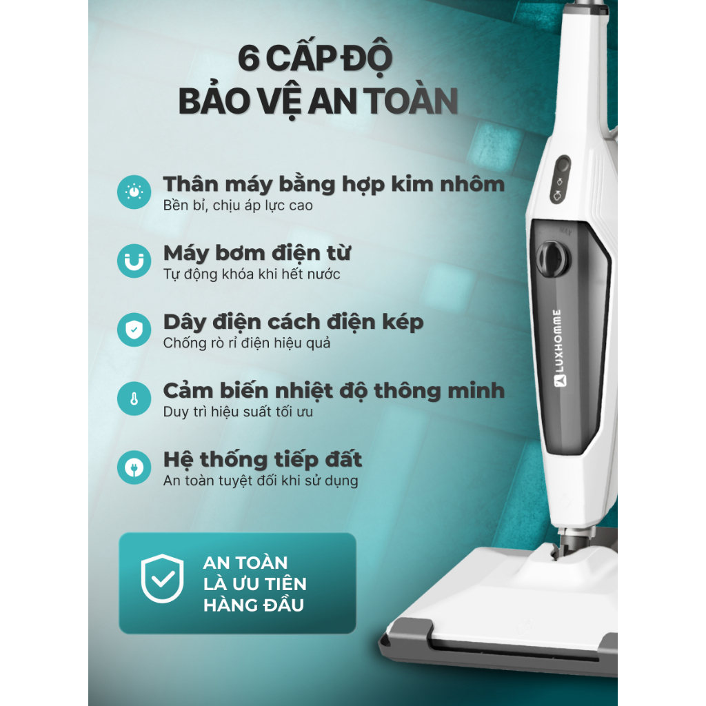 Máy Lau Nhà Hơi Nước LUXHOMME EcoSteam Pro | Hơi Nước 120°C | Diệt Khuẩn 99.9% | 1400W | BH 12 TH