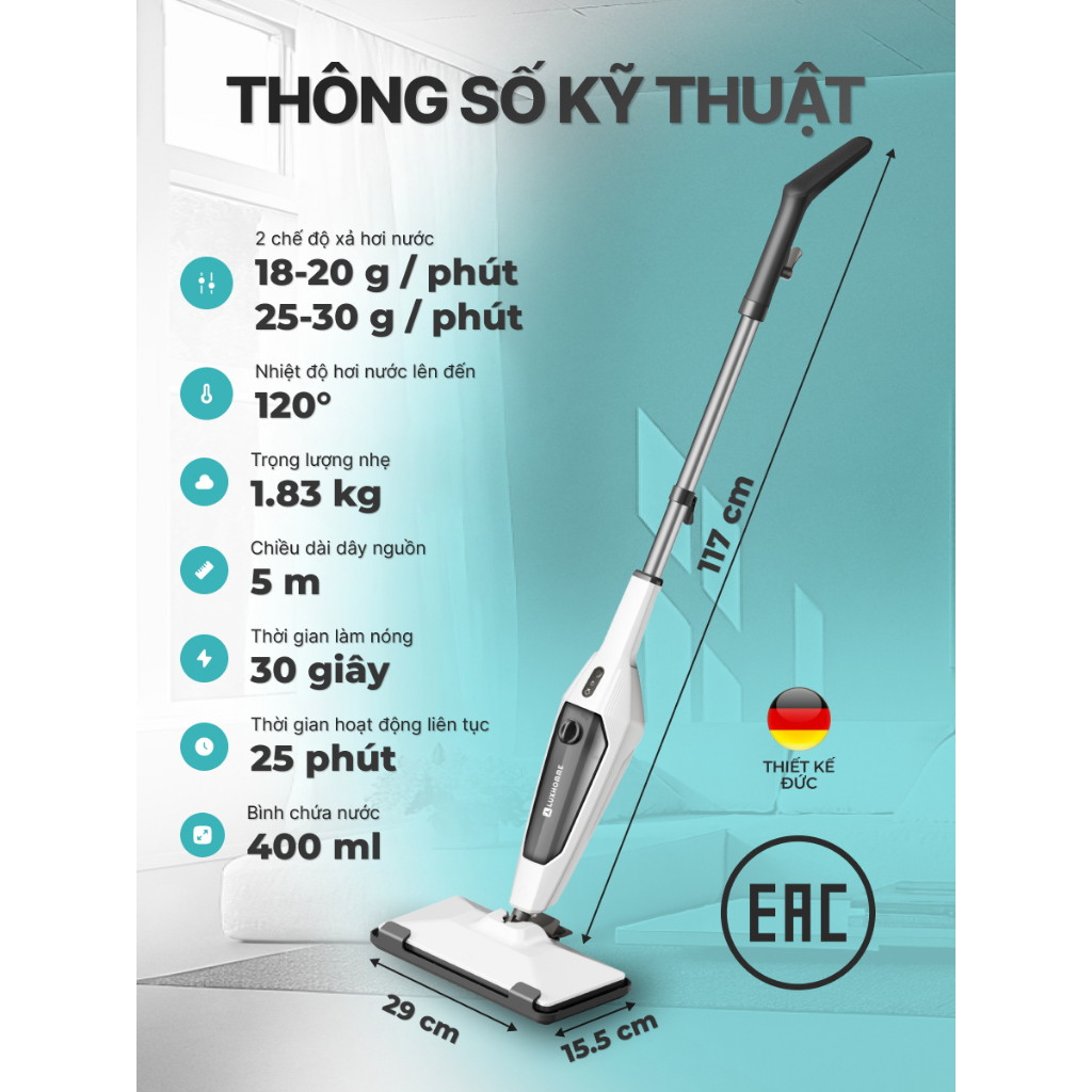 Máy Lau Nhà Hơi Nước LUXHOMME EcoSteam Pro | Hơi Nước 120°C | Diệt Khuẩn 99.9% | 1400W | BH 12 TH