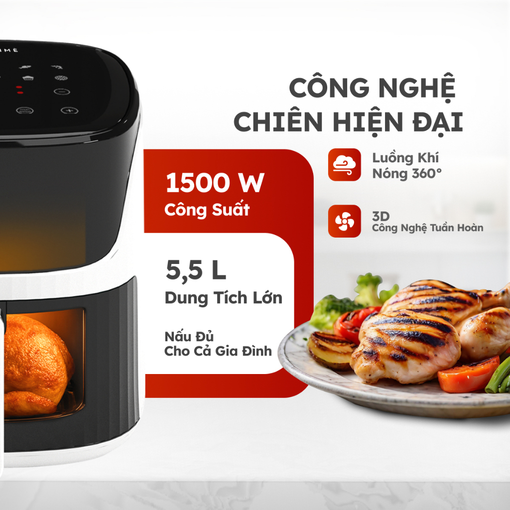 Nồi Chiên Không Dầu Điện Tử LUXHOMME | Dung Tích 5.5L,12 Chế Độ | 1500W Công Nghệ Khí Nóng 360°