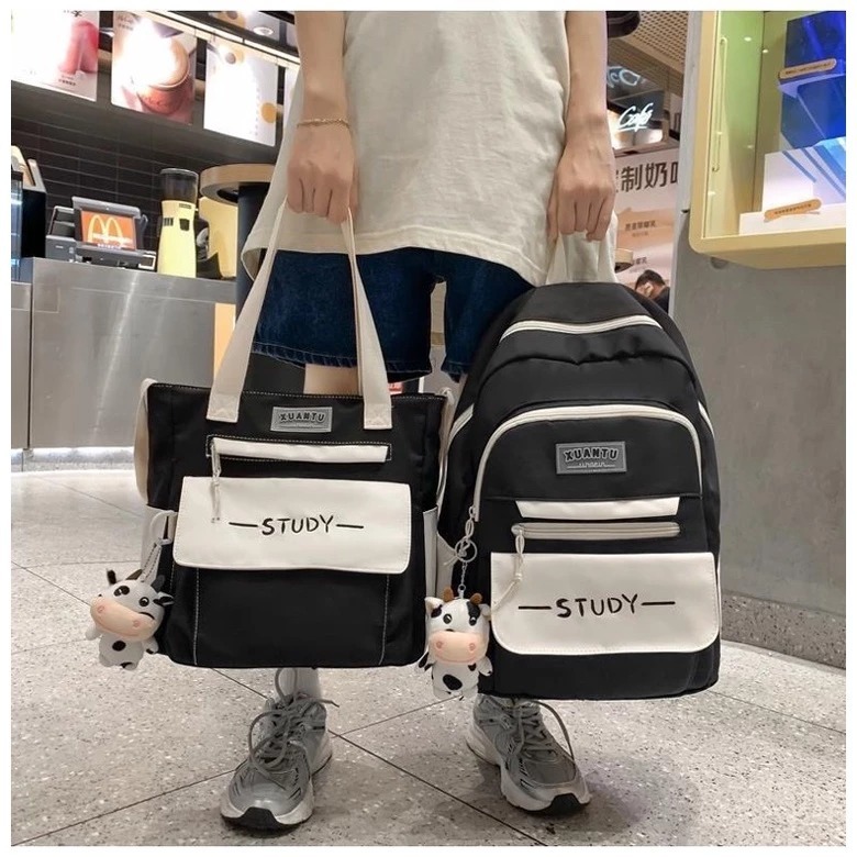 [Peinn] Set 2 món balo + tote vừa A4 STUDY giá rẻ mang đi học đi chơi