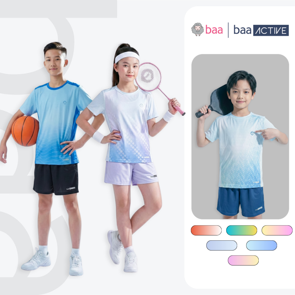 [Tặng 1 Vớ Đơn 599k] Áo thun thể thao chạy bộ cho bé trai, bé gái siêu mát nhẹ, thấm hút 18 -52kg Baa Active AT34N