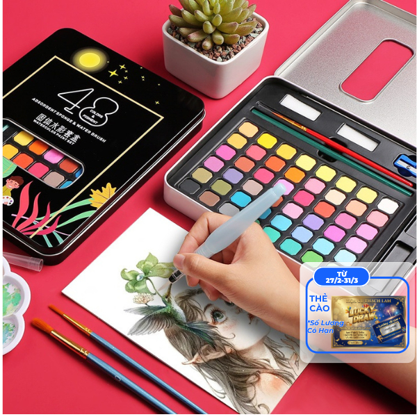 [Cào là có quà]Màu Nước Solid Water Color 12/18/24/36/48 Màu Cao Cấp,kèm 2 Bút Nước, 2 Mút 1 Palette Màu tươi