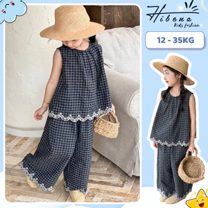Bộ đồ bé gái mùa hè kẻ caro phối ren, set đồ bé gái áo ba lỗ và quần vải chất liệu kẻ nhăn thoáng mát BT6