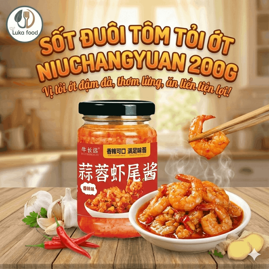 Sốt Tôm Cay Tỏi Ớt Ăn Liền Niuchangyuan 200g - Sốt Đuôi Tôm Rim Cay Đậm Đà Ăn Kèm Cơm, Mì, Bánh Mì Luka Food