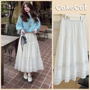 Chân Váy Midi Dài Trắng Phối Viền Ren Dáng Xòe Lưng Chun Basic Phong Cách Nàng Thơ V112A Cakecat