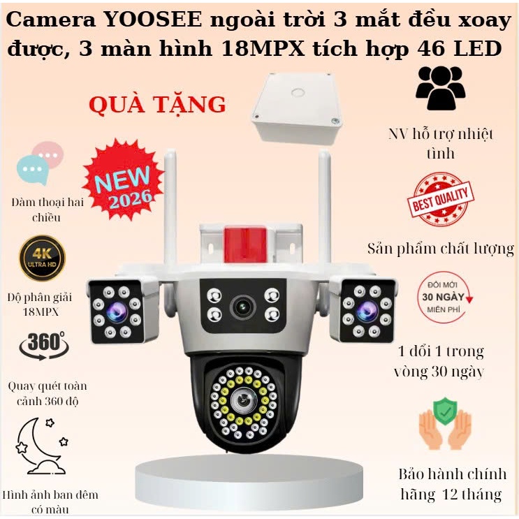 (Lỗi 1 đổi 1)  NEW 2026 Camera YOOSEE ngoài trời 4 mắt (xoay được 3 mắt) bản PRO, 3 màn hình tích hợp 54 LED siêu nét