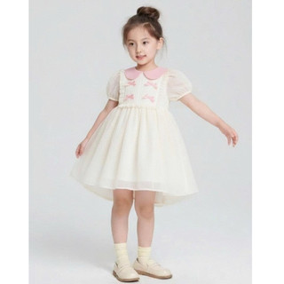 Váy Cho Bé Gái, Váy Thiết Kế Tiểu Thư Họa Tiết Nơ Thêu Chất Liệu Cotton Mềm Mại