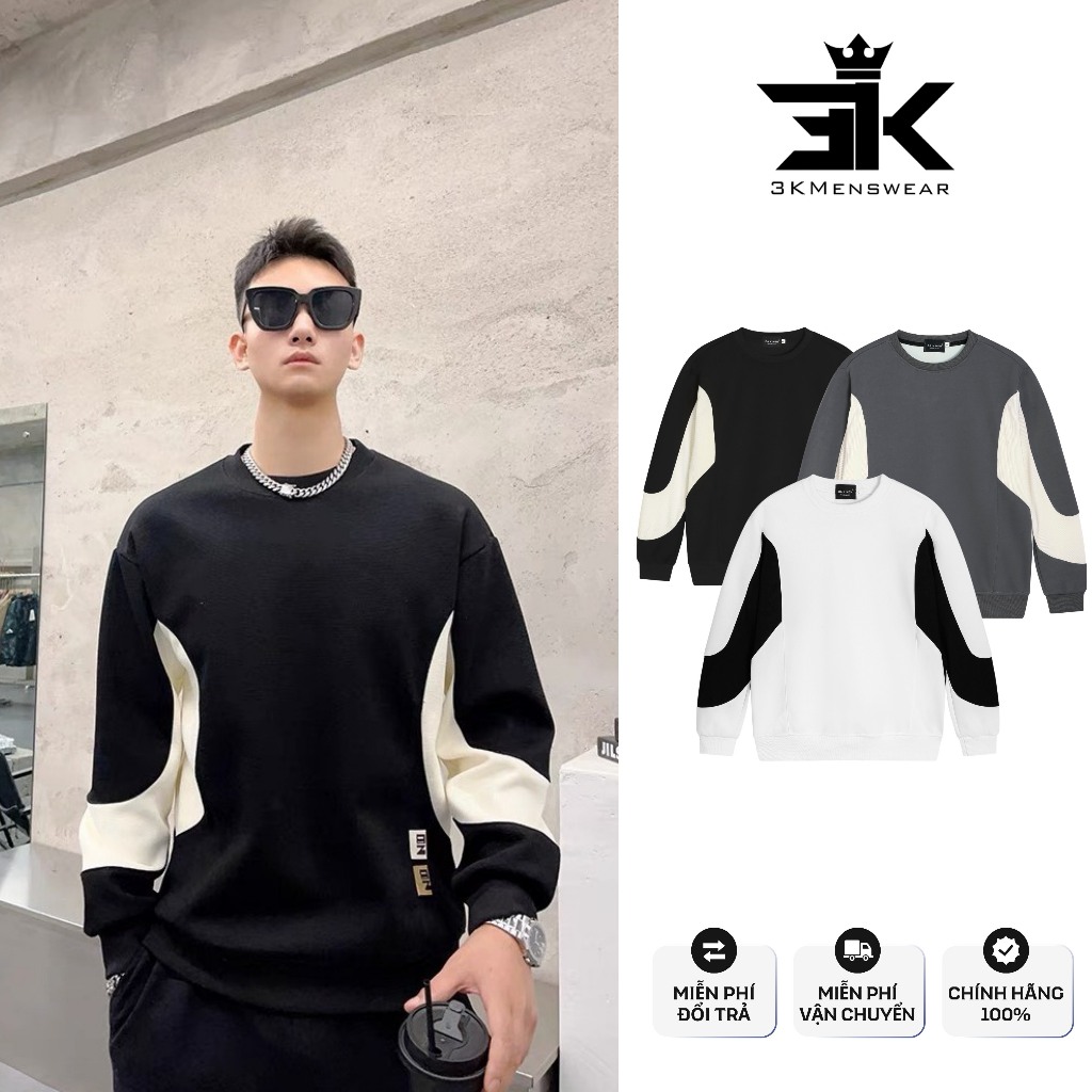 Áo nỉ sweater nam nữ phối sườn 3KMEN form chuẩn thoải mái chất nỉ dầy mịn
