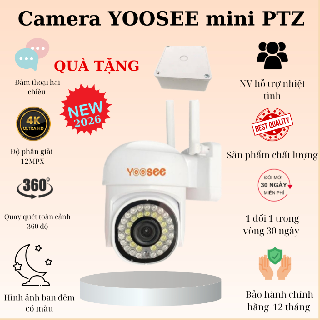 (Lỗi 1 đổi 1) Camera Yoosee PTZ 2026 -Camera ngoài trời mẫu siêu mini, 36 led ,xoay 360 độ,chống nước,xem đêm có màu mã