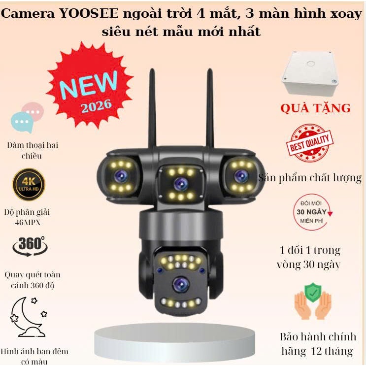 [Bảo hành 24 tháng] Camera YOOSEE 2026 WIFI ngoài trời 4 mắt 3 màn hình 56MPX tích hợp  LED siêu nét - Hàng nhập khẩu