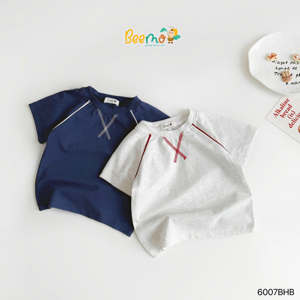Bộ cotton cộc tay basic phối chỉ nổi, bộ thun cổ tròn mềm mát cho bé trai Beemo