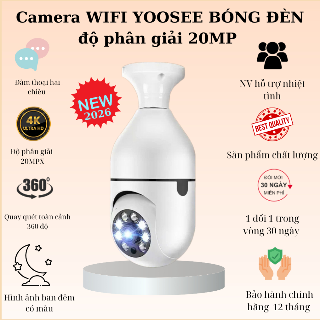 (Lỗi 1 đổi 1) Camera Yoosee MODEL 2026 bóng đèn thế hệ mới 20.0MP - xoay 360 độ, xem đêm có màu mẫu mới nhất 2025