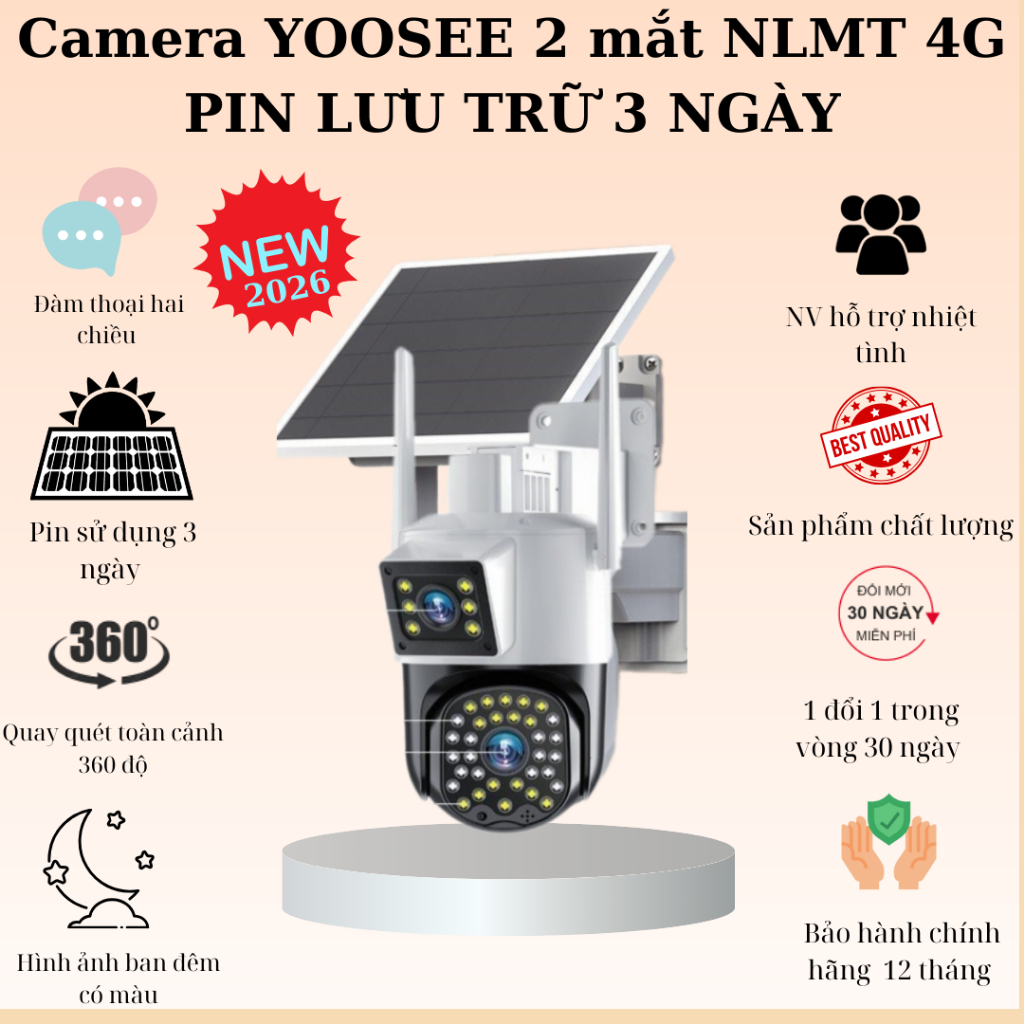 (Lỗi 1 đổi 1) 2026 new Camera Yoosee Năng Lượng Mặt Trời 4G 2 mắt quay đêm có màu   đàm thoại 2 chiều -bảo hành 12 tháng
