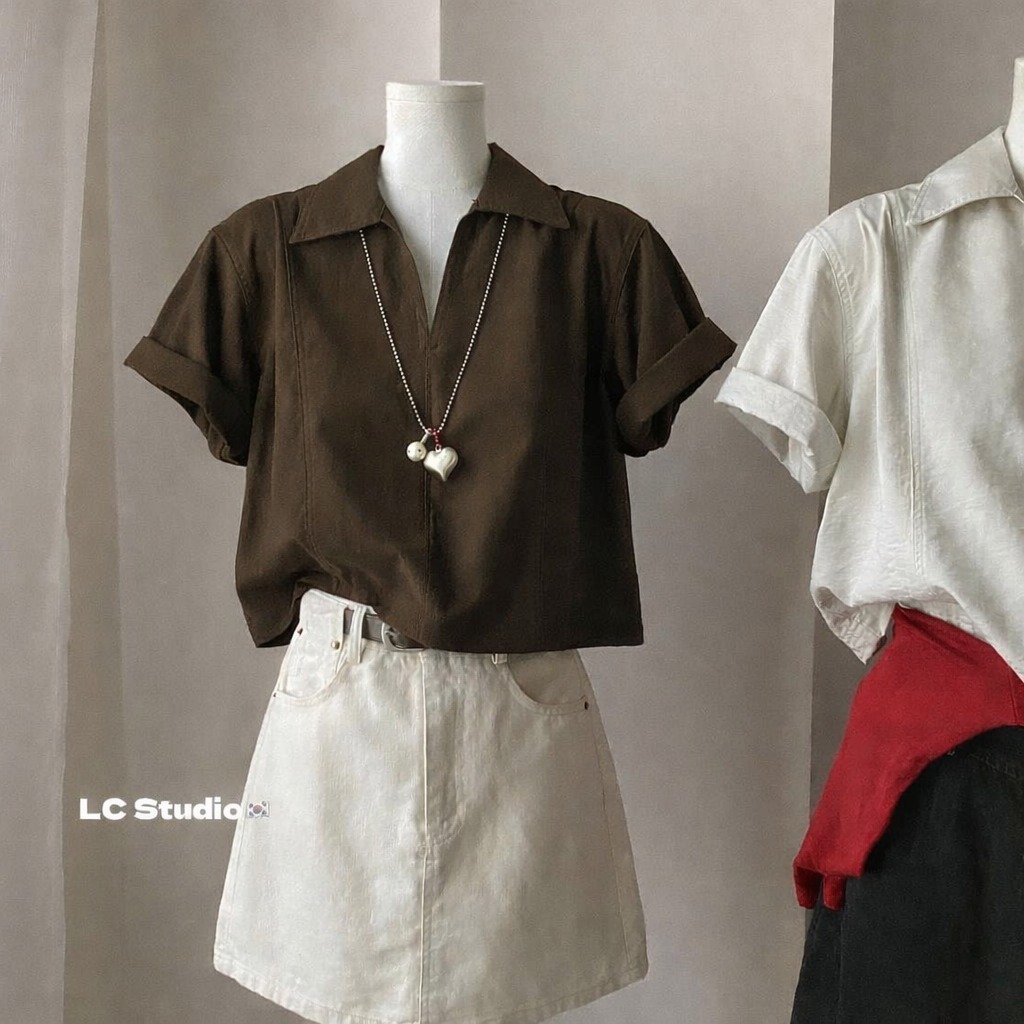 Áo Sơ Mi Kiểu Nữ FMSTYLE SHOP - Tay Ngắn Crop Cổ V Viền Giữa Hách Dáng, Phối Đồ Xinh 26010423